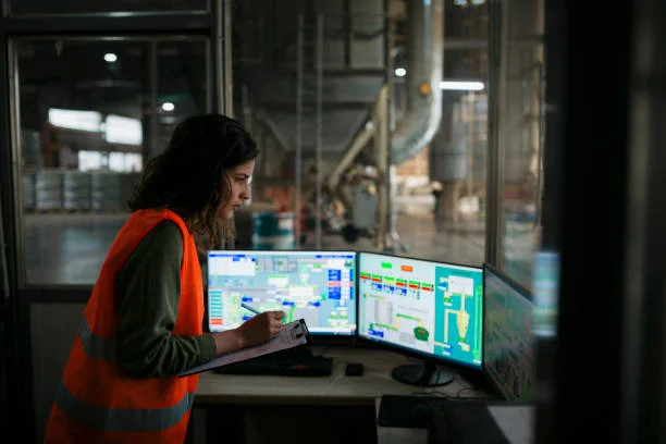 Female technician monitoring the production from the control room
