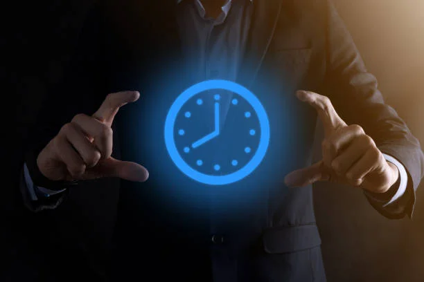 Businessman hand holds the icon of hours clock