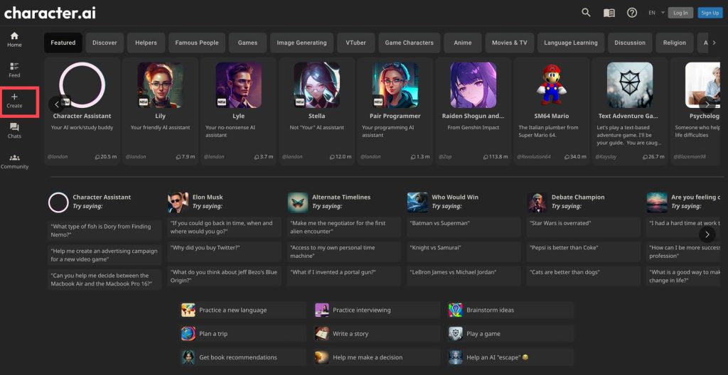 Character.AI homepage