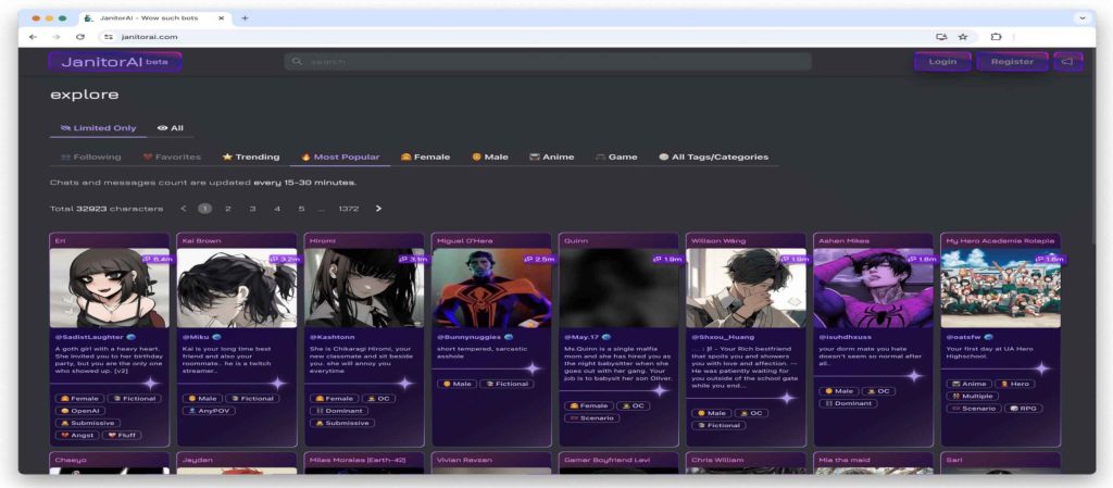 Janitor AI homepage screenshot